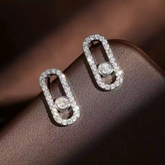 Moon Goddess Emporium Jewelry - 14K White Gold Geometrical Paris Inspired Link Paperclip Diamond Inlay Earrings